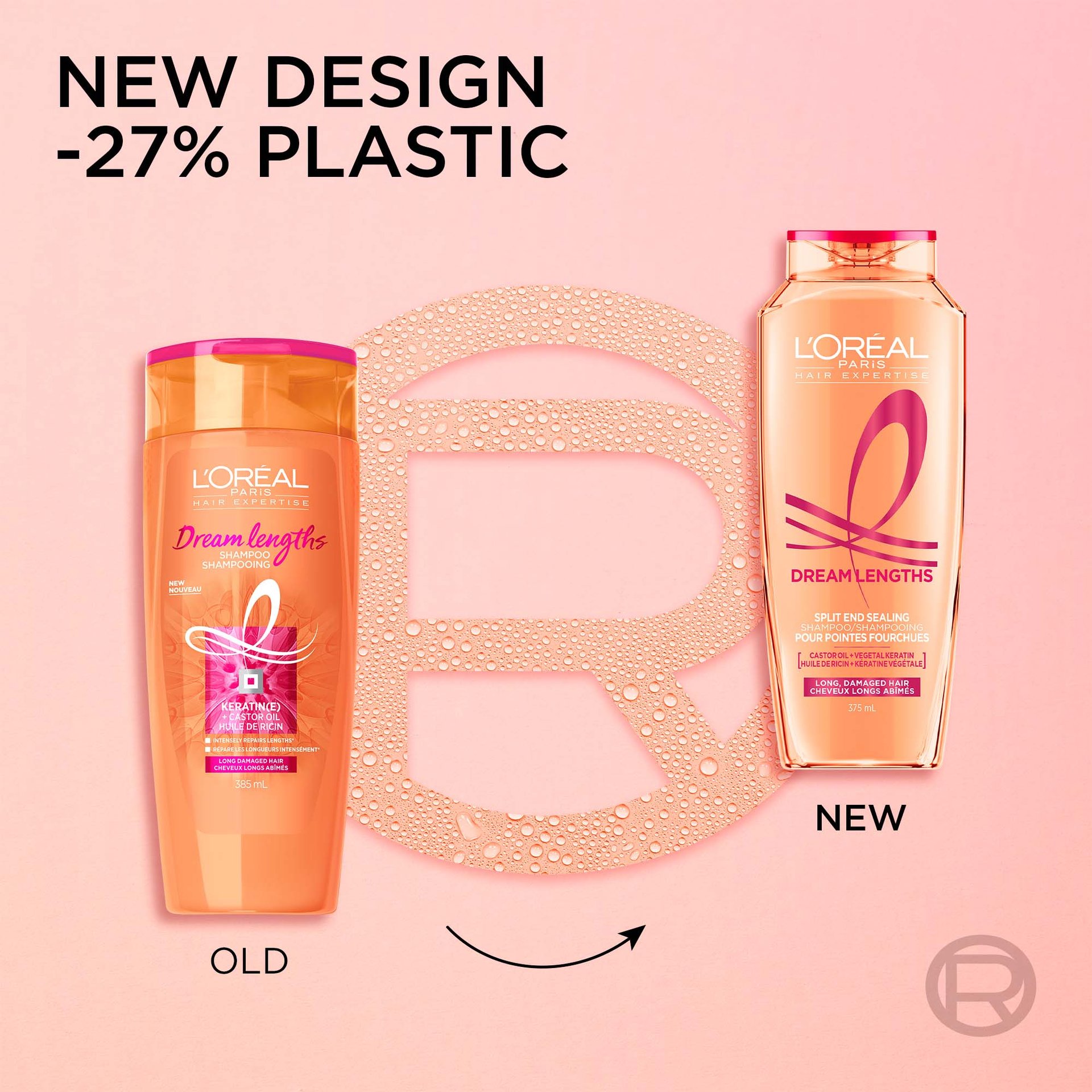 Old and new packaging for dream lenght shampoo